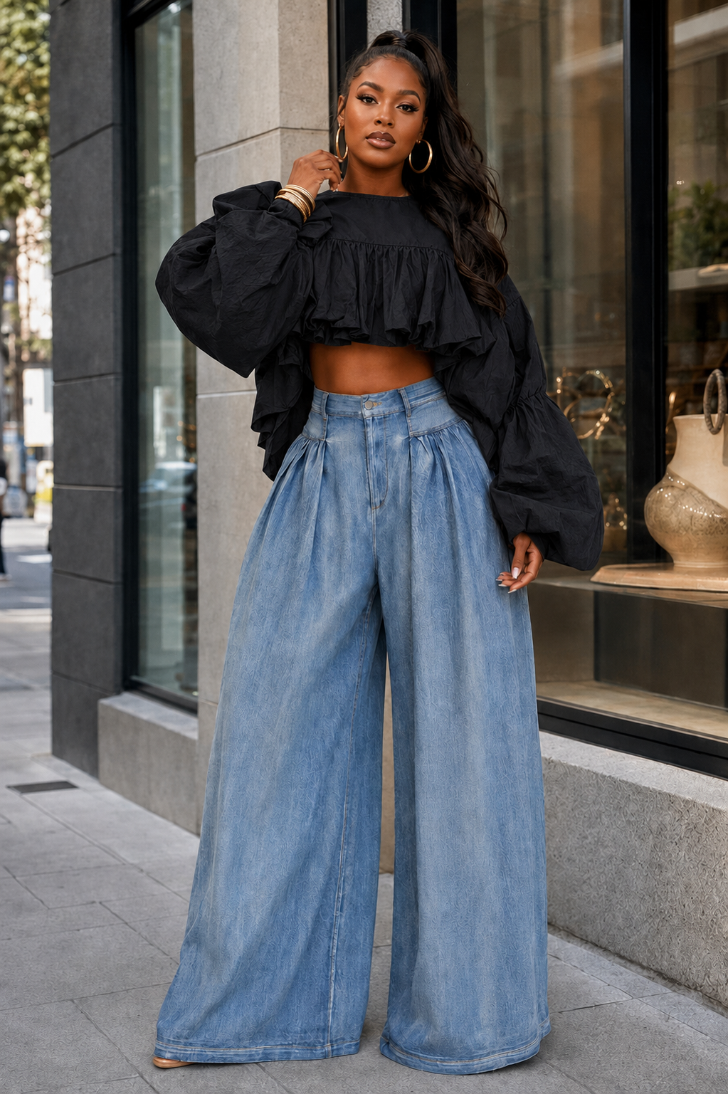 Drama Effect Ruffle Crop Top (Black)