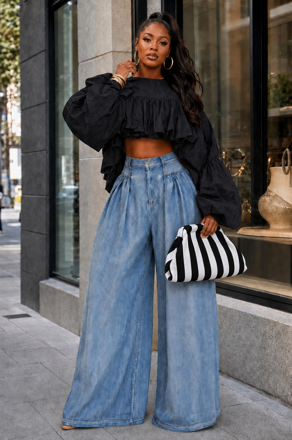 Drama Effect Ruffle Crop Top (Black)