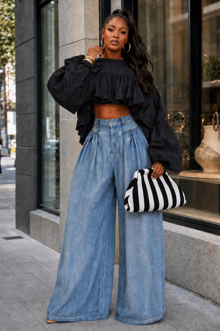 Drama Effect Ruffle Crop Top (Black)