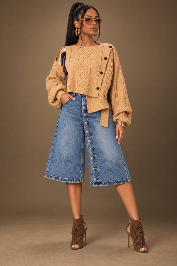 Patchwork Asymmetric Knit Sweater (Chestnut)