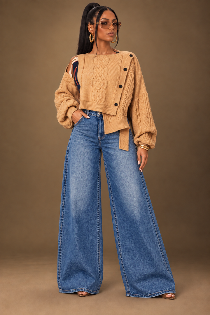 Patchwork Asymmetric Knit Sweater (Chestnut)