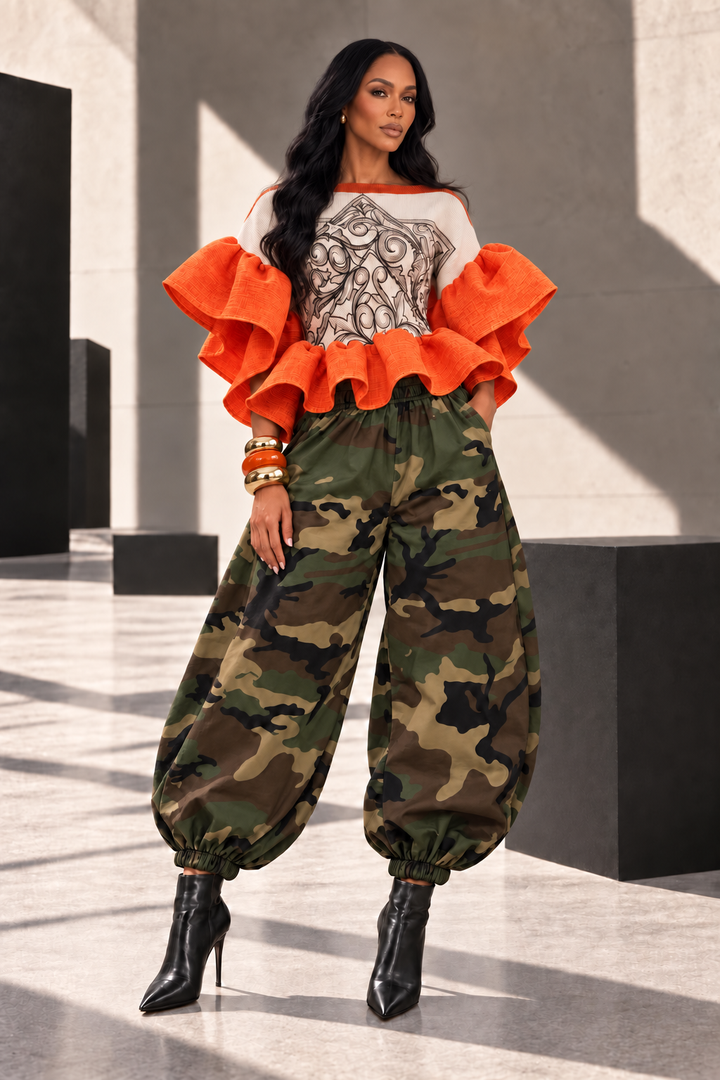 Abstract Behavior Ruffle Tunic(Orange)