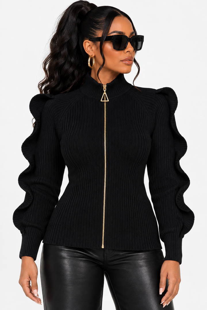 Wazes &amp; Waves Design Sweater Zipper Top (Black)