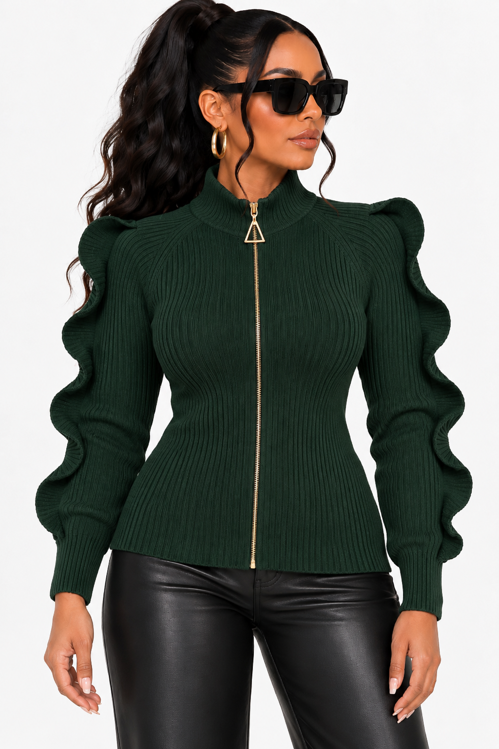 Wazes &amp; Waves Design Sweater Zipper Top (Black)