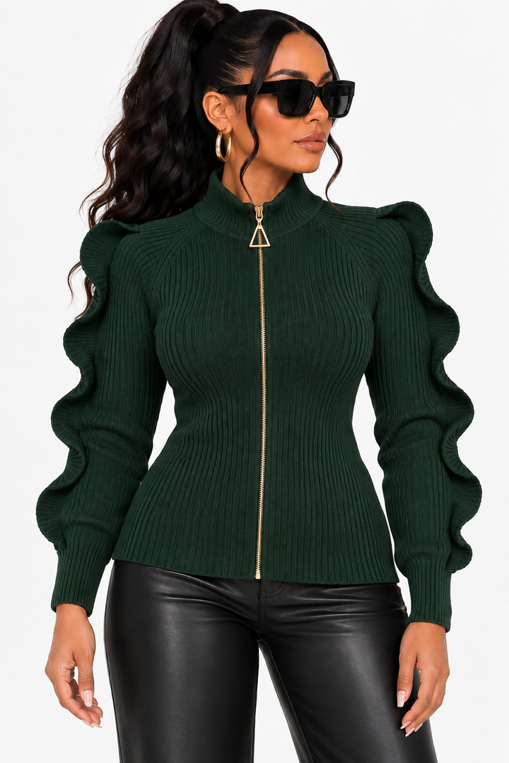 Wazes &amp; Waves Design Sweater Zipper Top (Black)