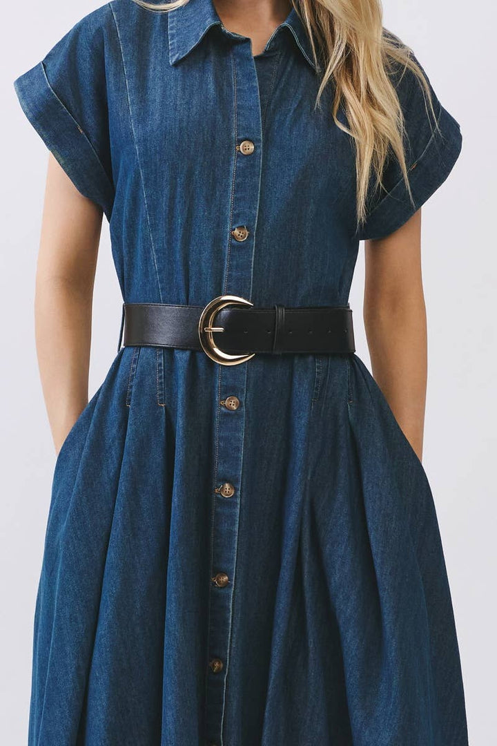Maison Washed Denim Button Maxi Dress