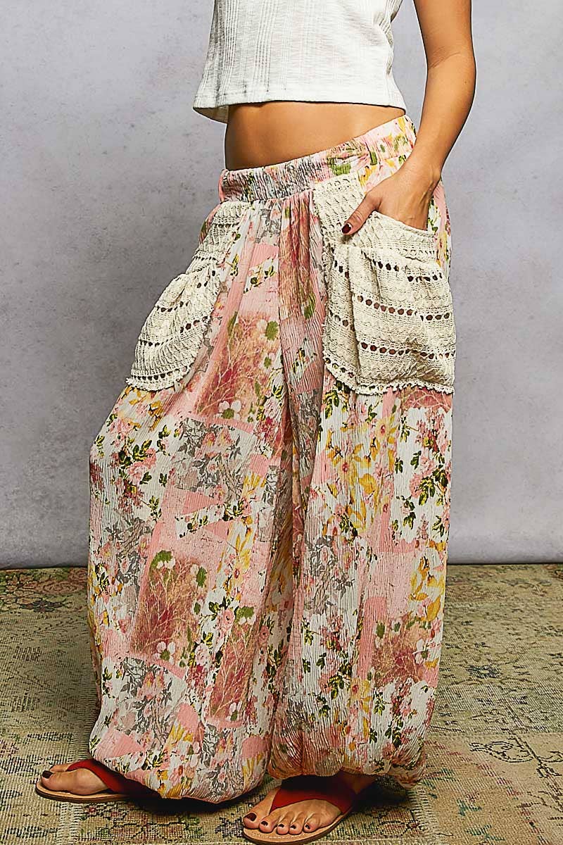 Crinkled Printed Contrast Pockets Joggers