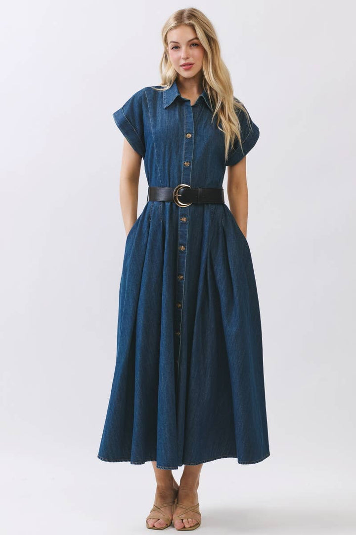 Maison Washed Denim Button Maxi Dress