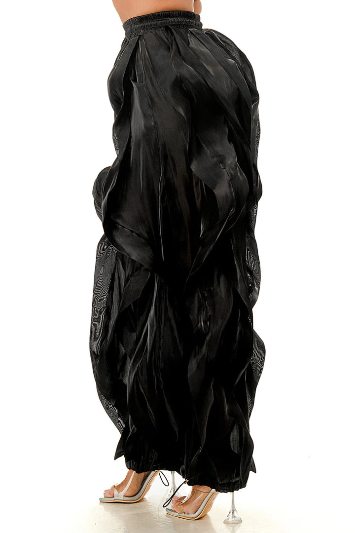 High Waisted Ruffle Organza Drawstring Joggers (Black)