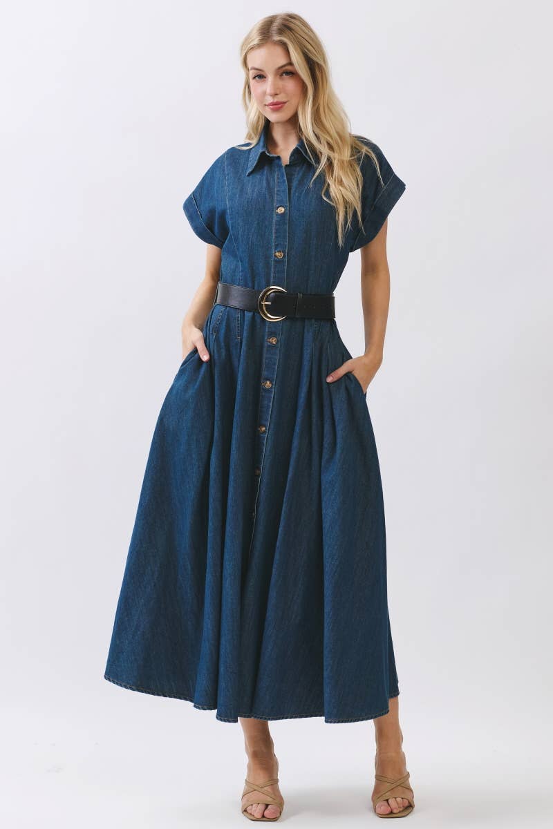 Maison Washed Denim Button Maxi Dress