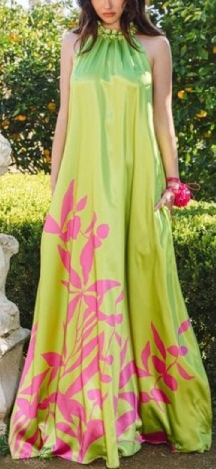 Fresh Garden Pink Flowers Maxi Dress