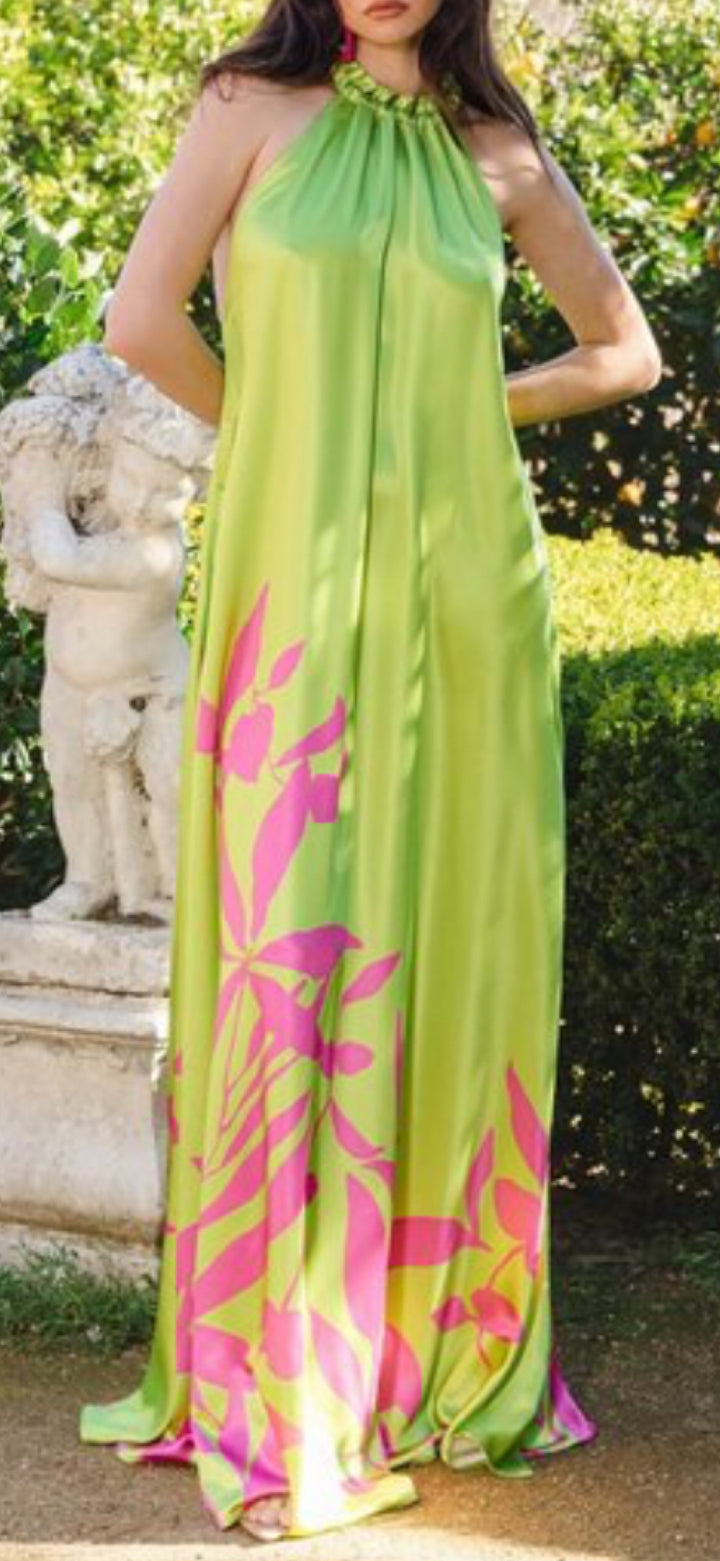 Fresh Garden Pink Flowers Maxi Dress