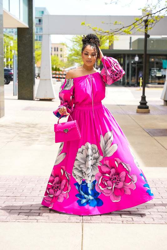 Regal Pink Flowers Off Shoulder 2pc Skirt Set
