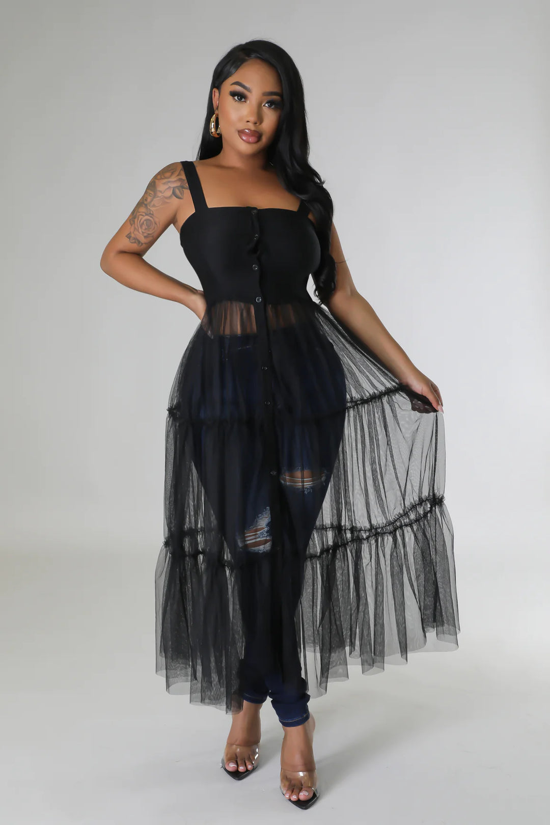 Belize Jean Tulle Halter Top (Black)