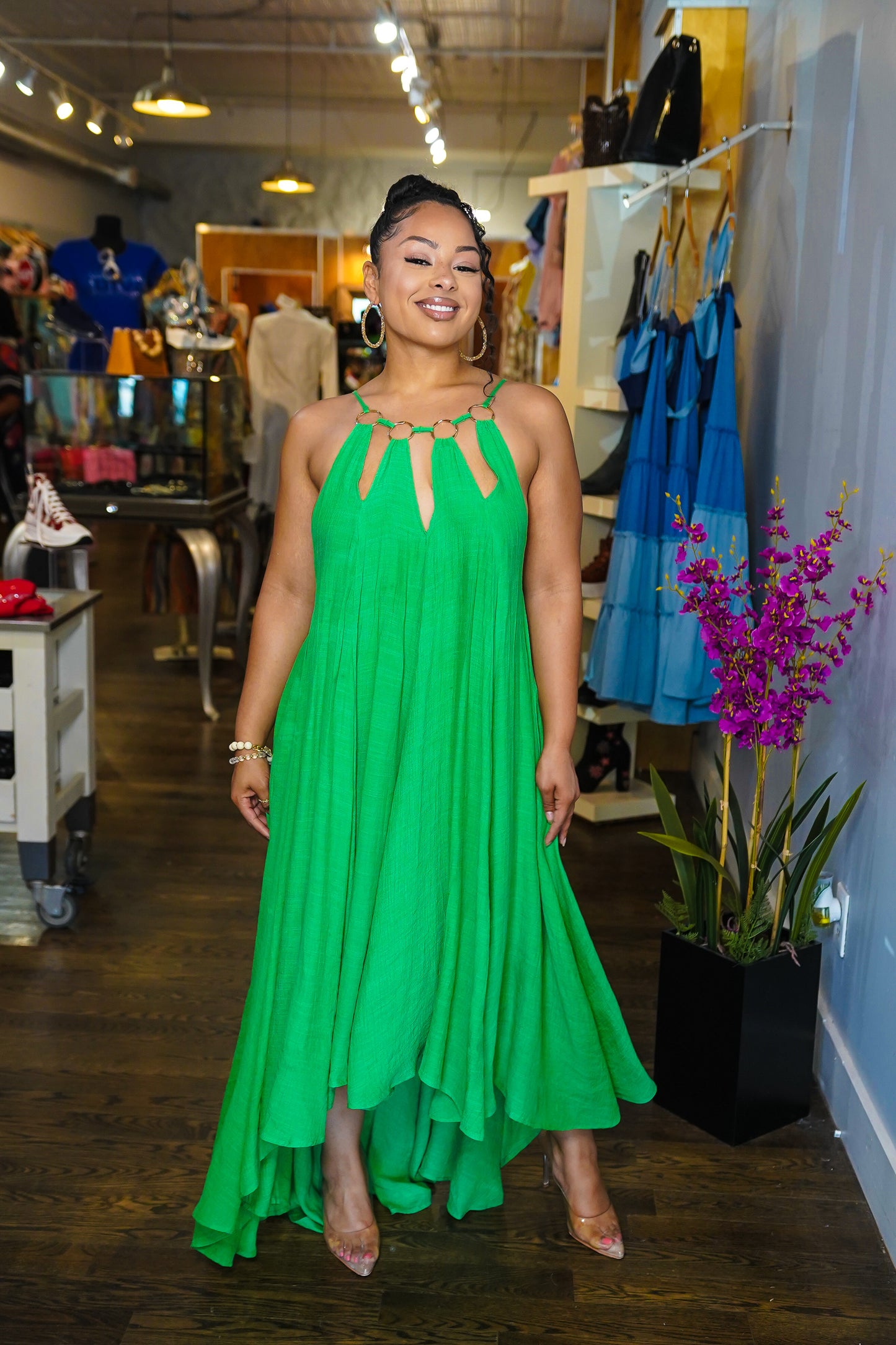 Tear Drop Asymmetrical Flowy Dress (Green)