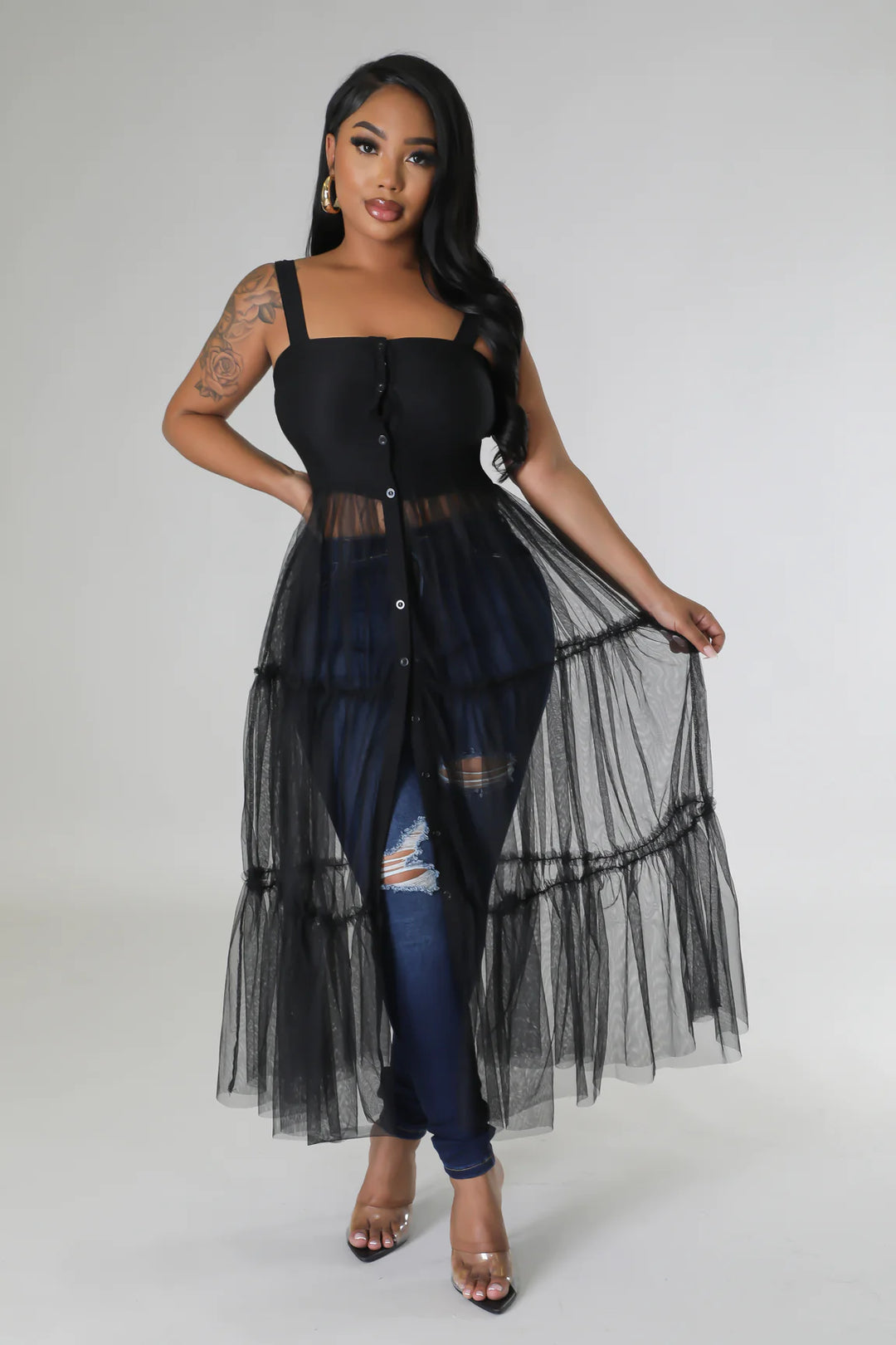 Belize Jean Tulle Halter Top (Black)