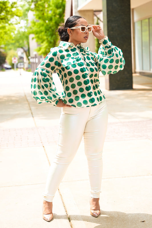 Green with Evny Polka Dot Top