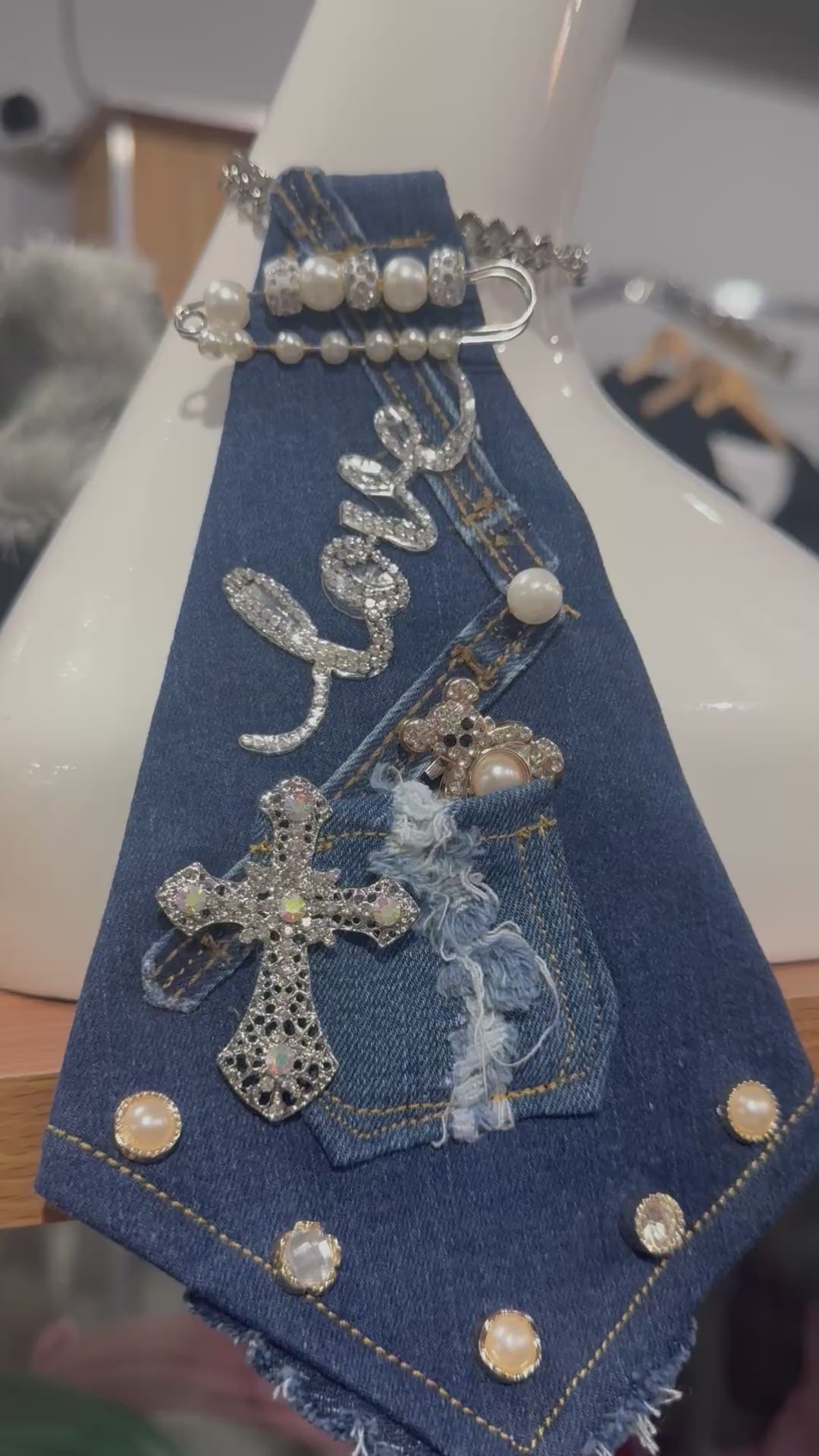 Denim tie w/ Silver chain & Love