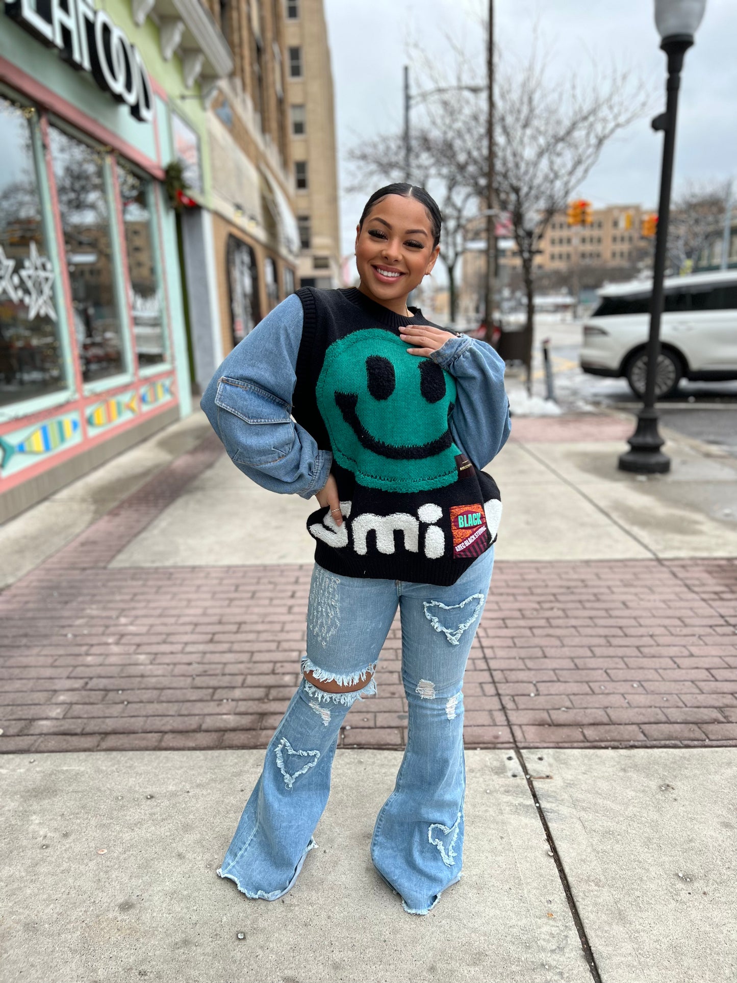 It’s the Smile for Me Denim Arm Sweater