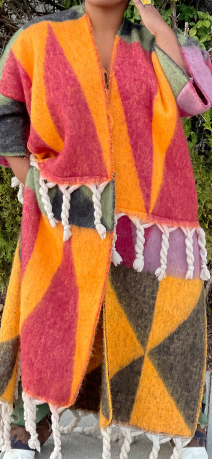 Fallon Multi Color Tassle Cardigan -Dark orange/burg/green