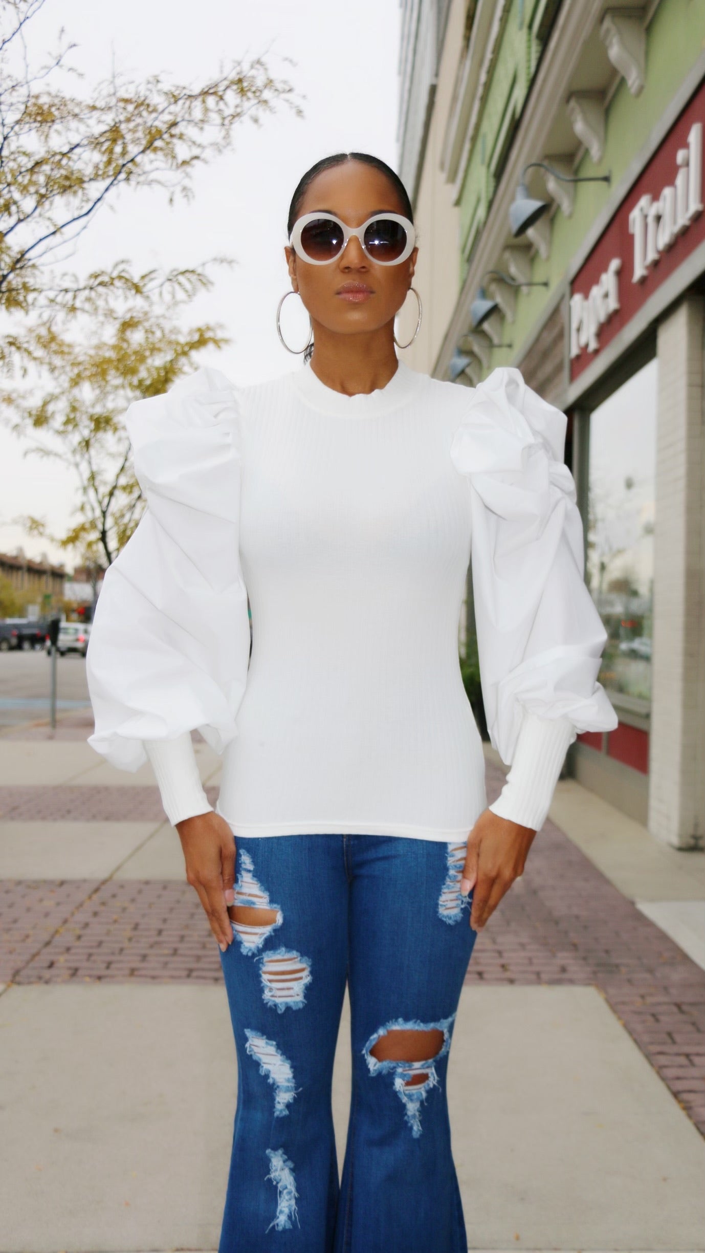 Puffs On My Sleeve Knit Mock Neck Top - (White)