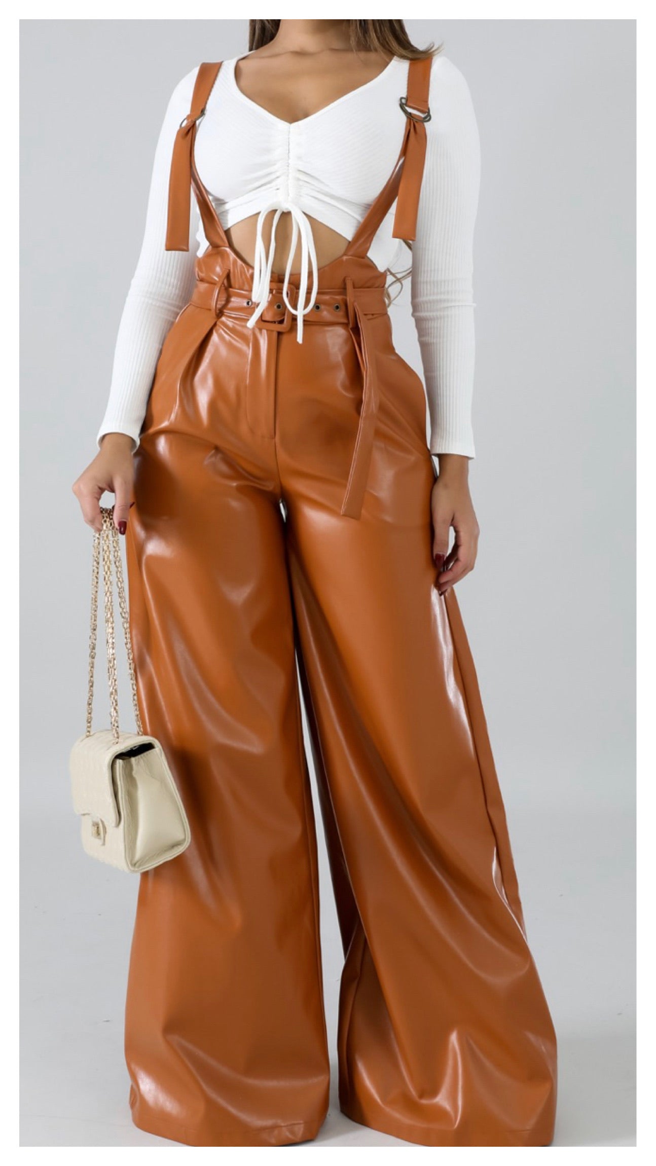 Suspended in My Wide Leg Faux Leather Pants (Caramel)