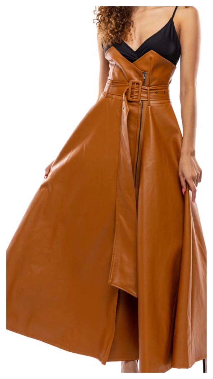 Walk in Drama High Waisted Faux Leather Skirt (Camel)