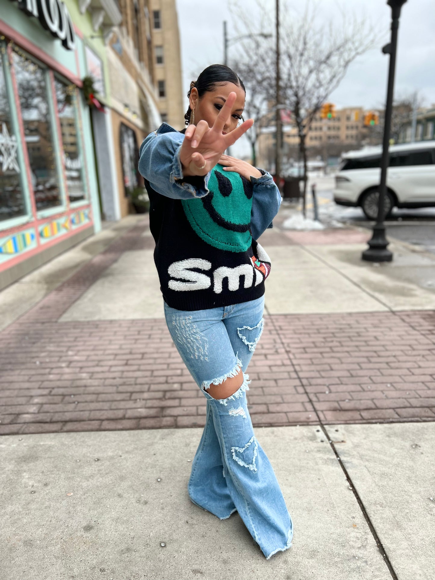It’s the Smile for Me Denim Arm Sweater