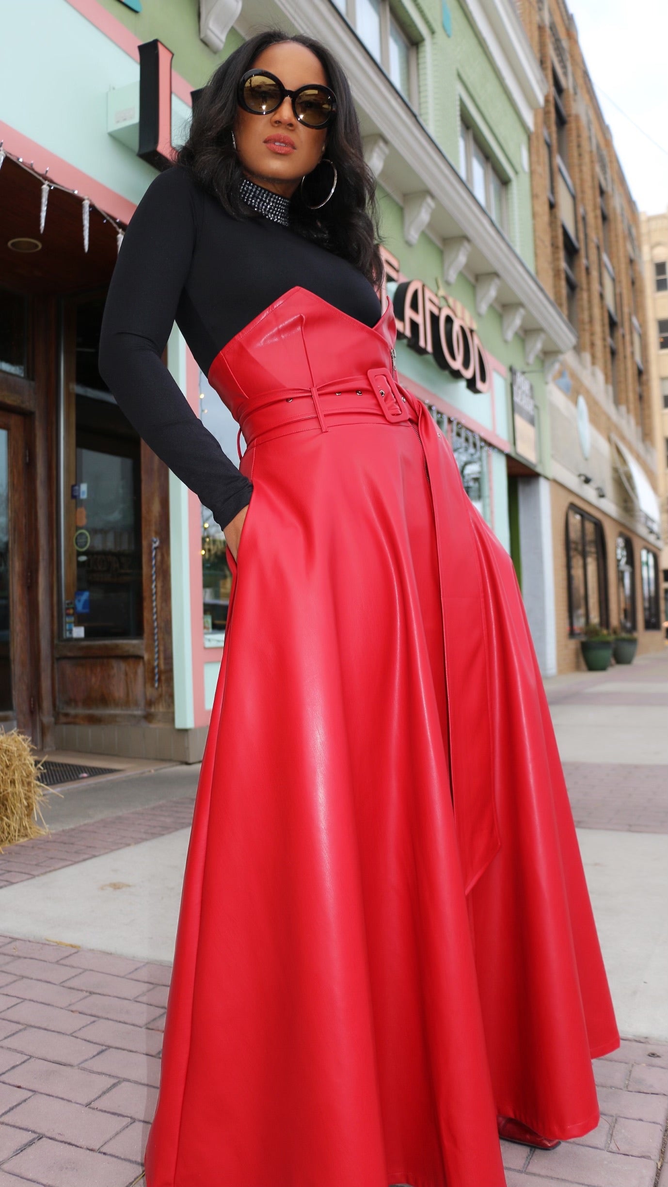 High waisted red leather cheap skirt