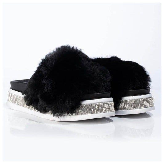 Sparkles & Comfort Flat Furry Slide (Black)