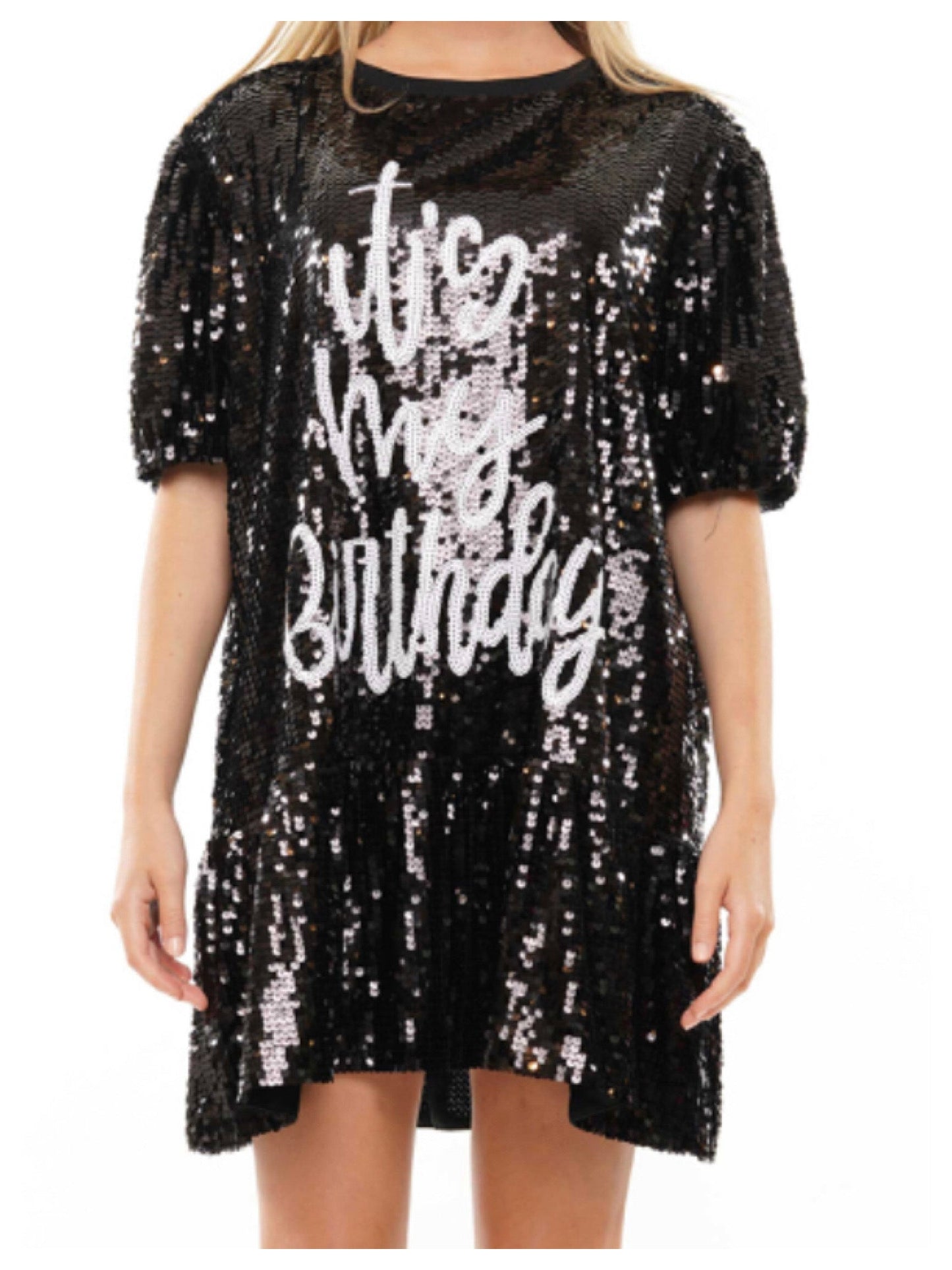 It’s My Birthday Balloon Sleeve Peplum Dress (Black)