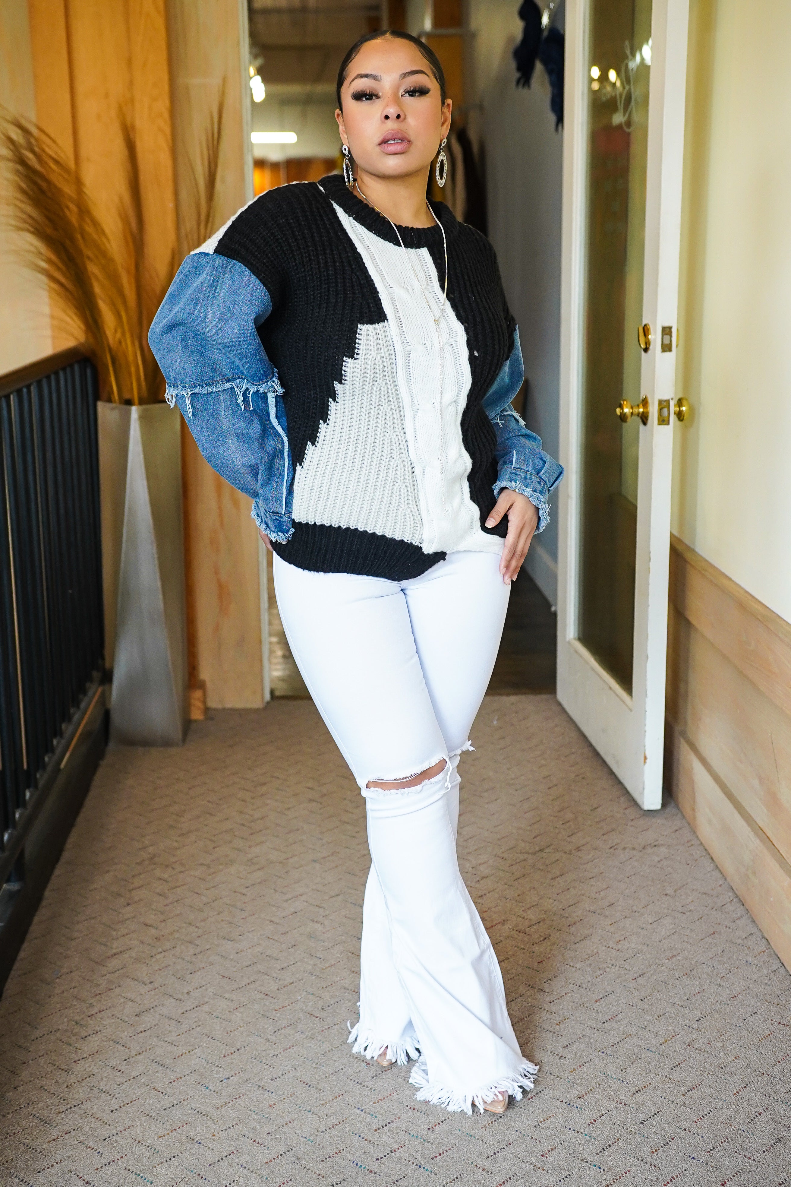 Divided into Sections Oversized Sweater Blu Jean Blues